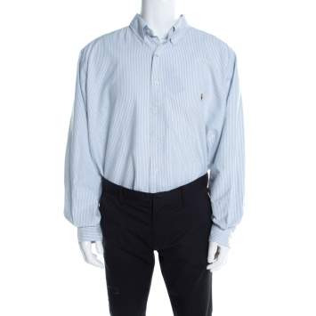 Pre Owned Ralph Lauren Blue and White Striped Cotton Logo Embroidered Shirt 2XB