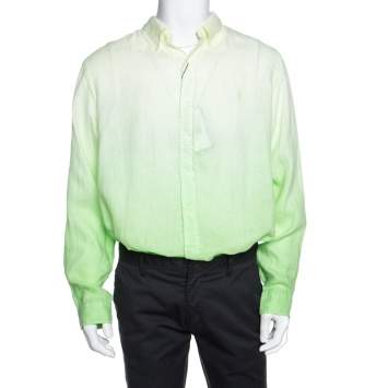 Pre Owned Ralph Lauren Lime Green Ombre Dyed Linen Button Down Shirt XL