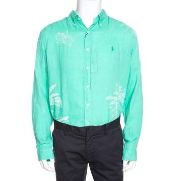 Pre Owned Ralph Lauren Green Tropical Printed Linen Button Down Shirt XL