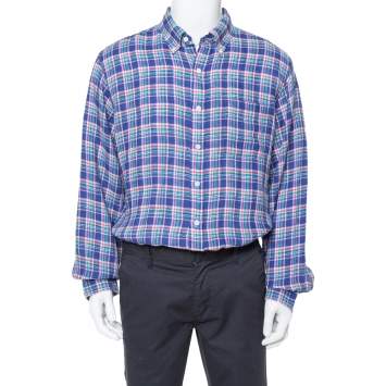 Pre Owned Ralph Lauren Pigment Blue Sea Soft Linen Plaid Shirt XL