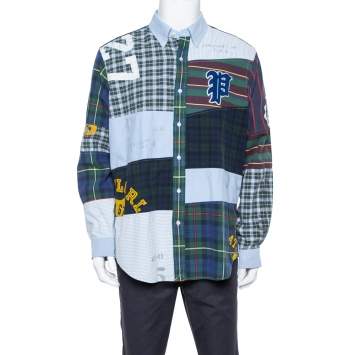 Pre Owned Ralph Lauren Blue P Letterman Patchwork Detail Button Front Shirt XL