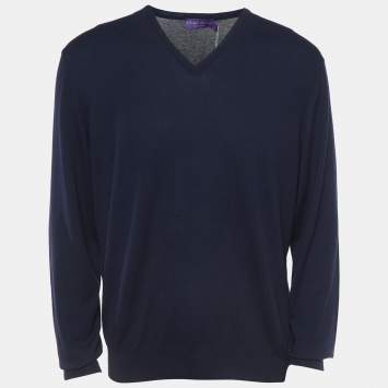 Pre Owned Ralph Lauren Navy Blue Cashmere V-Neck Sweater XL