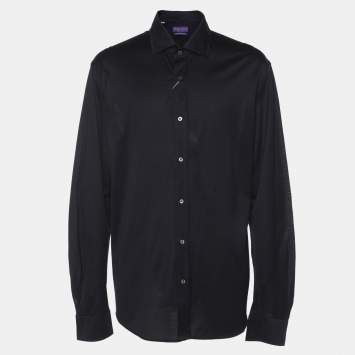 Pre Owned قميص رالف لورين قطن كحلي باديج بنفسجي مقاس ضخم جداً بأكمام طويلة ملائمة للتفصيل