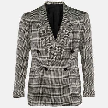 Pre Owned Ralph Lauren Monochrome Houndsttooth Printed Silk Double Breasted Blazer M