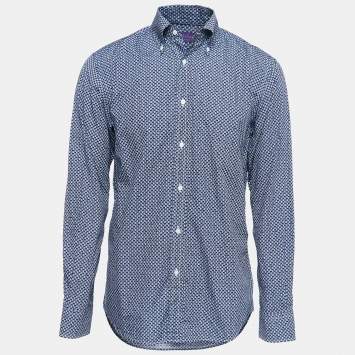 Pre Owned Ralph Lauren Purple Label Blue Printed Cotton Button Down Shirt L