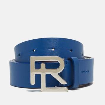 Pre Owned Ralph Lauren Blue Leather Logo Belt 95CM