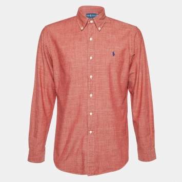 Pre Owned Ralph Lauren Coral Red Cotton Custom Fit Button Down Shirt M