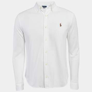 Pre Owned Ralph Lauren White Cotton Pique Knit Button Front Shirt L
