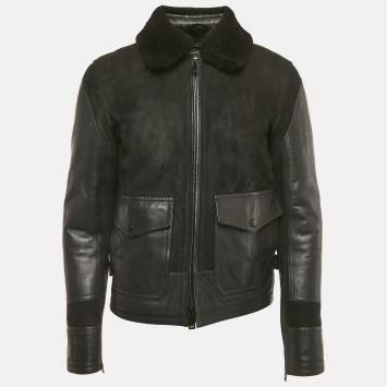 Pre Owned Ralph Lauren Black Shearling and Suede Military Bomber Jacket M