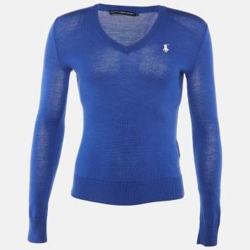 Pre Owned Ralph Lauren Sports Blue Logo Embroidered Wool V-Neck Sweater S 