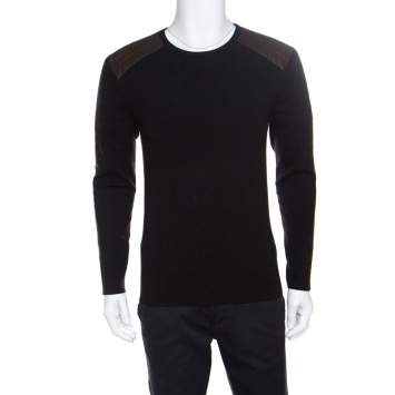 Pre Owned Ralph Lauren Charcoal Grey Merino Wool Leather Panel Detail Sweater M