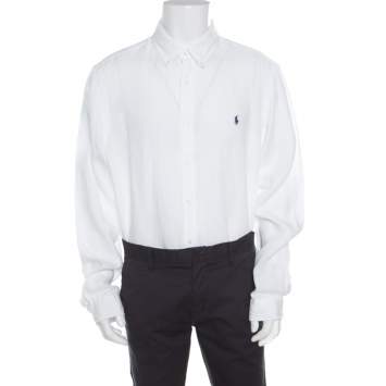 Pre Owned Ralph Lauren White Linen Logo Embroidered Slim Fit Button Down Shirt XXL
