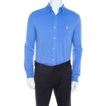 Pre Owned Ralph Lauren Featherweight Mesh Cabana Blue Cotton Pique Knit Long Sleeve Shirt S