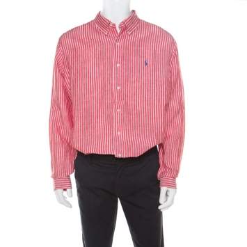 Pre Owned Ralph Lauren Red and White Striped Linen Button Down Custom Fit Shirt XXL