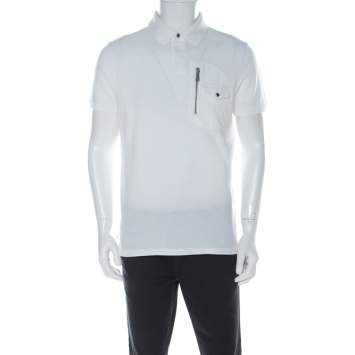 Pre Owned Ralph Lauren White Cotton Pique Zipper Patch Pocket Detail Polo T Shirt L 