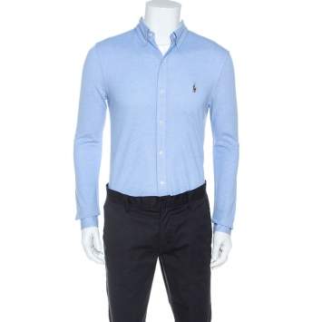 Pre Owned Ralph Lauren Blue Cotton Knit Oxford Button Down Shirt M