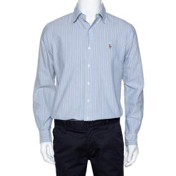 Pre Owned Ralph Lauren Light Blue Striped Cotton Custom Fit Shirt M