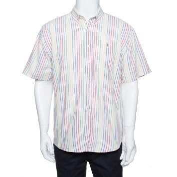 Pre Owned Ralph Lauren White Striped Cotton Short Sleeve Shirt XL