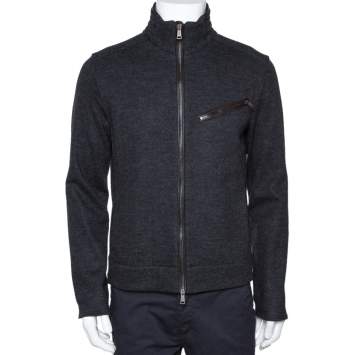 Pre Owned Ralph Lauren Grey Herringbone Wool Zip Front Jacket M