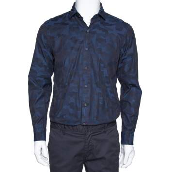 Pre Owned Ralph Lauren Navy Blue Camo Pattern Cotton Long Sleeve Shirt M