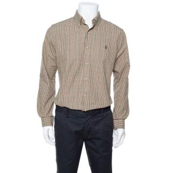 Pre Owned Ralph Lauren Olive Green Checked Cotton Button Down Shirt M