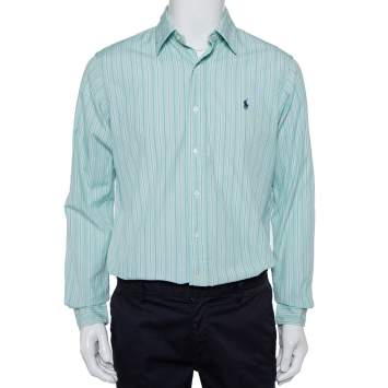 Pre Owned Ralph Lauren Green Striped Cotton Button Front Custom Fit Shirt M