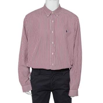 Pre Owned Ralph Lauren Burgundy Striped Cotton Logo Embroidered Button Front Shirt XXL
