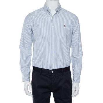 Pre Owned Ralph Lauren White & Blue Striped Cotton Logo Embroidered Button Front Shirt S