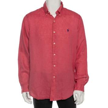 Pre Owned Ralph Lauren Pink Ocean Wash Linen Button Front Sport Shirt L