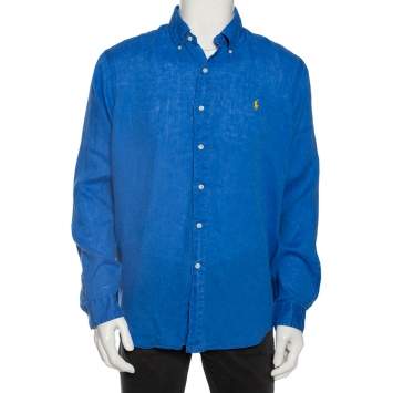Pre Owned Ralph Lauren Blue Ocean Wash Linen Button Front Sport Shirt L