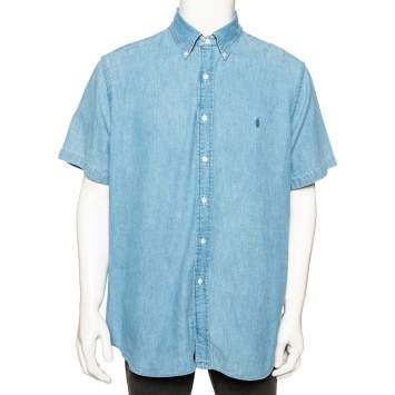 Pre Owned Ralph Lauren Light Blue Denim Button Front Short Sleeve Shirt XL