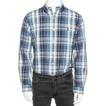 Pre Owned Ralph Lauren Blue Checked Cotton Button Down Custom Fit Shirt M
