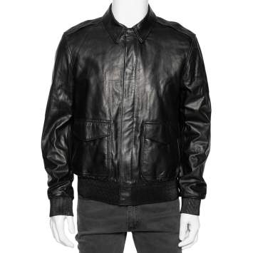 Pre Owned Ralph Lauren Black Leather Zip Front Bomber Jacket L