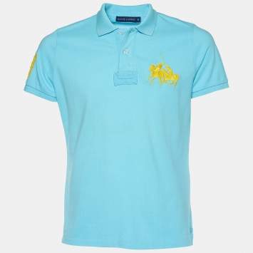 Pre Owned Ralph Lauren Blue Cotton Pique Double Pony Embroidered Polo T-Shirt XL