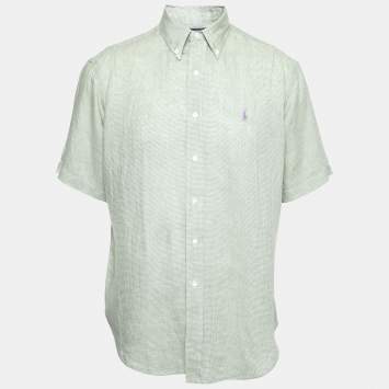 Pre Owned Ralph Lauren Green Checked Linen Short Sleeve Button Front Shirt L