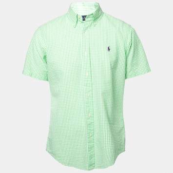 Pre Owned Ralph Lauren Lime Green Checked Crinkled Cotton Short Sleeve Shirt M