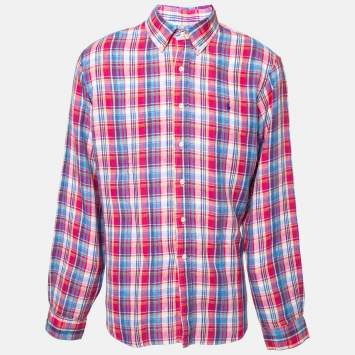 Pre Owned Ralph Lauren Pink Checked Linen Button Down Shirt XL
