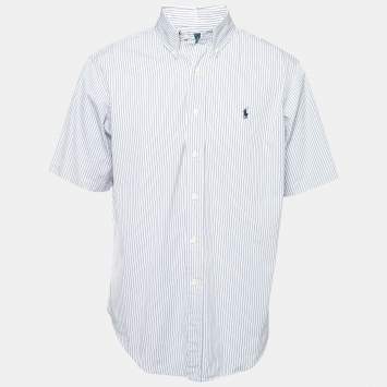 Pre Owned Ralph Lauren Blue Striped Cotton Classic Fit Short Sleeve Shirt L
