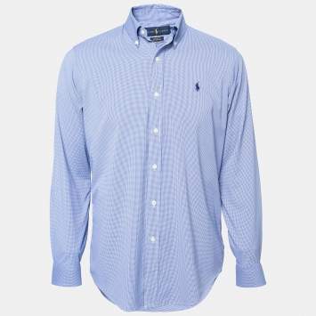 Pre Owned Ralph Lauren Blue Check Print Synthetic Classic Fit Performance Shirt M