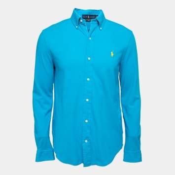 Pre Owned Ralph Lauren Cyan Blue Featherweight Cotton Mesh Button Front Shirt M