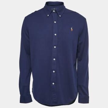 Pre Owned Ralph Lauren Navy Blue Knit Oxford Full Sleeve Shirt L