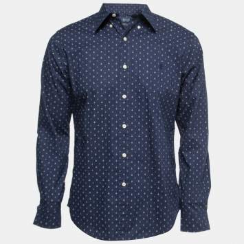 Pre Owned Ralph Lauren Navy Blue Printed Cotton Full Sleeve Slim Fit Shirt M