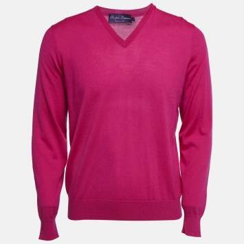 Pre Owned Ralph Lauren Dark Pink Cashmere Knit V-Neck Sweater L