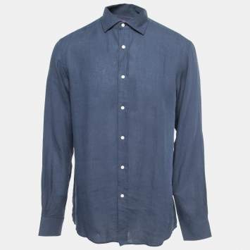 Pre Owned Ralph Lauren Navy Blue Linen Full Sleeve Shirt L