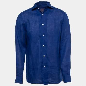 Pre Owned Ralph Lauren Dark Blue Linen Full Sleeve Shirt M