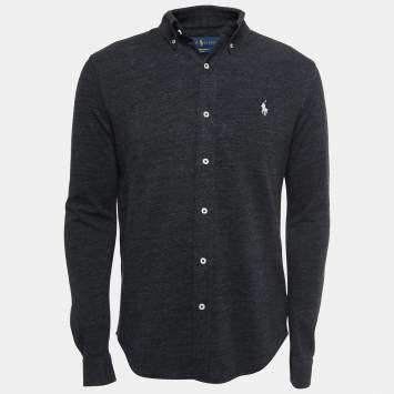 مملوكة مسبقًا Ralph Lauren Dark Grey Cotton Button Front Full Sleeve Featherweight Mesh T-Shirt M