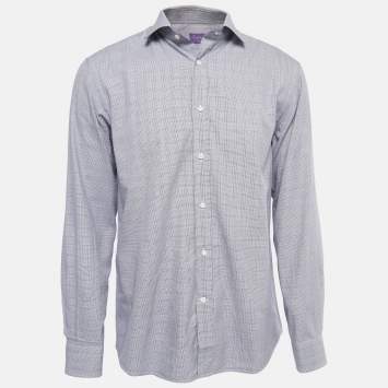 Pre Owned Ralph Lauren Navy Blue Checked Cotton Button Front Full Sleeve Shirt L