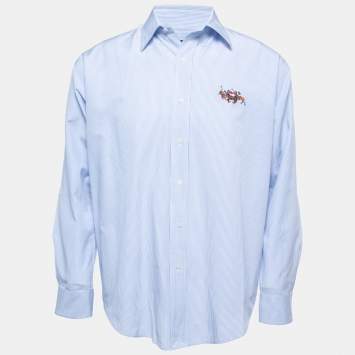 Pre Owned Ralph Lauren Blue Striped Cotton Button Down Full Sleeve Classic Fit Shirt M