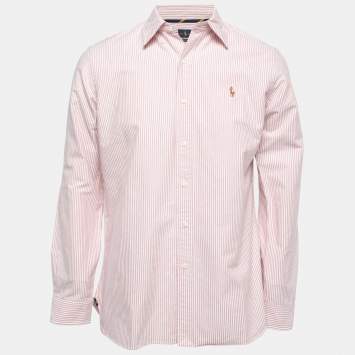 Pre Owned Ralph Lauren Red Striped Cotton Button Down Custom Fit Full Sleeve Shirt M
