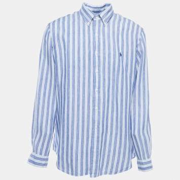 Pre Owned Ralph Lauren Blue Striped Ocean Wash Linen Button Down Full Sleeve Shirt XL
